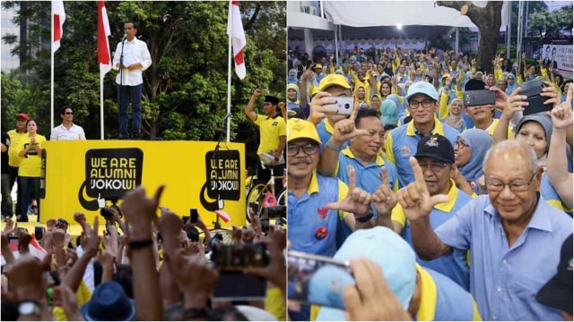 Dukungan Alumni UI untuk Jokowi dan Prabowo. Foto: ANTARA/Puspa Perwitasari, Instagram/@sandiuno