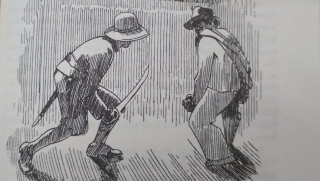 Pitung dalam pakaian jago pada 1930-an sedang berkelahi dengan polisi pribumi. Foto: Dok. Buku 'Batavia Kala Malam' Margreet van Till