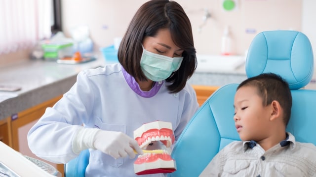 Ilustrasi dokter gigi memeriksa gigi anak Foto: Shutter Stock