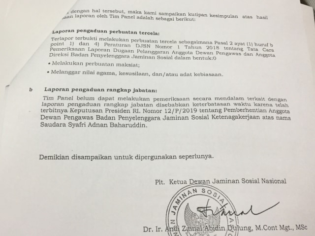 Surat Hasil Penanganan Tim Panel DJSN kepada Korban, kasus tindakan maksiat (NOT COVER)