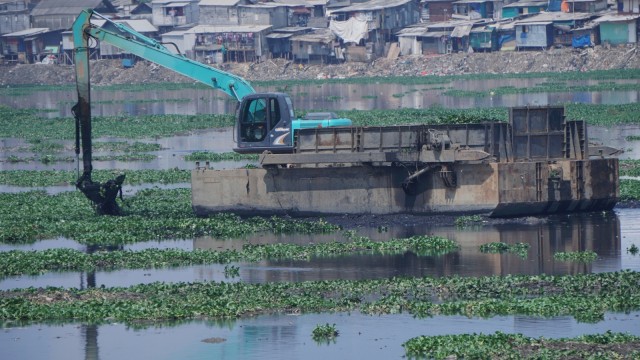 Sebuah Kendaraan berat sedang mengeruk eceng gondok di Waduk Pluit, Jakarta Utara, Selasa (19/2). Foto: Jamal Ramadhan/kumparan