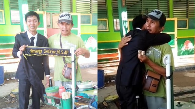 Lulus sarjana, pria Sulawesi memeluk ayahnya yang sedang berjualan siomay. (Foto: Facebook/Irma Romza)