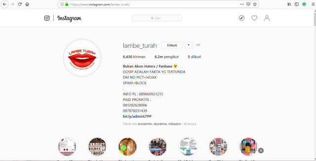 Tangkapan layar instagram Lambe Turah
