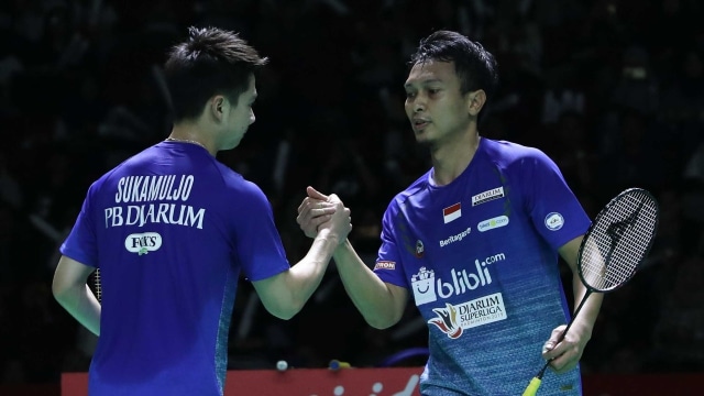 Duet Kevin Sanjaya Sukamuljo/Mohammad Ahsan di Djarum Superliga Badminton 2019 Foto: Dok. PBSI