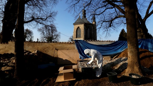 Seorang ahli restorasi mengumpulkan sisa-sisa tulang abad pertengahan dalam upaya untuk melestarikan Sedlec Ossuary di Kutna Hora, Republik Ceko. Foto: REUTERS/David W Cerny
