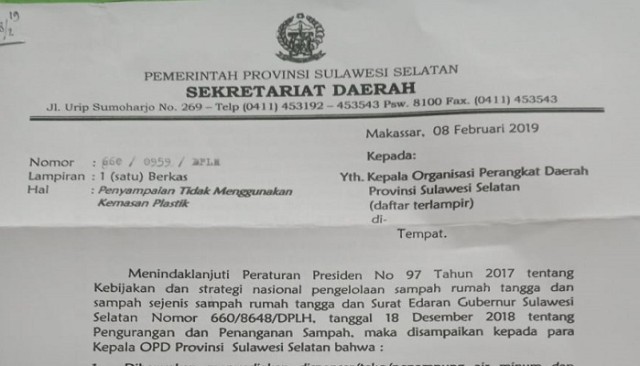 Surat Edaran Pemprov Sulsel untuk tidak menggunakan kemasan plastik di Lingkup Pemprov (Makassar Indeks).