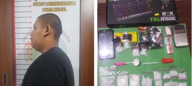 Terlapor M dan barang bukti narkoba yang disita polisi. Foto: Ditresnarkoba Polda Kalsel