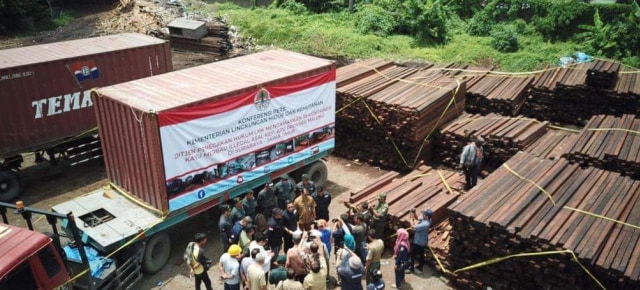Barang bukti 38 kontainer berisi kayu ilegal asal Kepulauan Aru, Maluku, di salah satu perusahaan pengelola kayu di Surabaya, Jawa Timur (Foto: istimewa)
