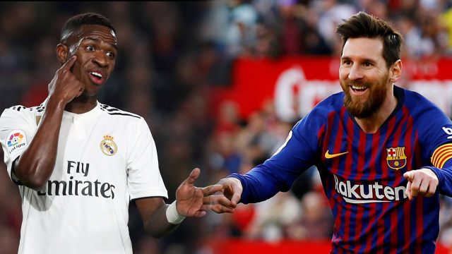 Vinicius Júnior dan Lionel Messi. Foto: REUTERS/Sergio Perez dan Marcelo del Pozo