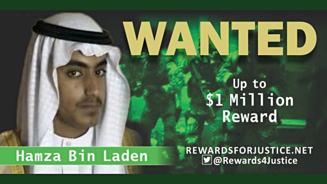 Pengumuman yang diedarkan oleh akun Twitter milik Departemen Luar Negeri AS memberikan hadiah sebesar USD 1 juta untuk pemimpin al-Qaeda Hamza bin Laden, putra Osama bin Laden. Foto: Reuters