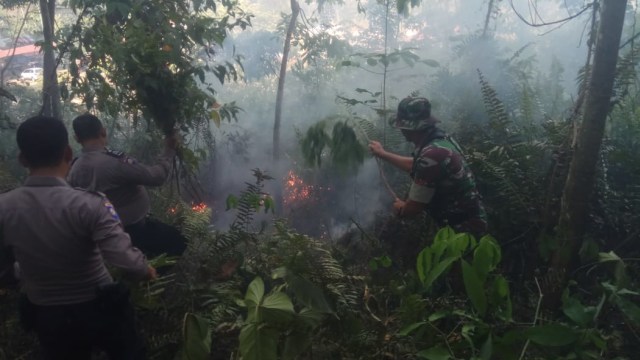 Aparat keamanan berusaha memadamkan api yang terjadi di lahan gambut, Kecamatan Tadu Raya, Nagan Raya, Jumat (1/3). Foto: Dok. BPBA