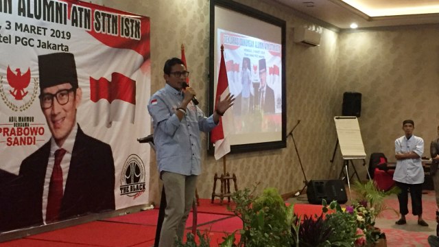 Cawapres no urut 02, Sandiaga Uno, di Deklarasi Dukungan Alumni ISTN di Favehotel PGC, Jakarta Timur. Foto: Ferry Fadhlurrahman/kumparan