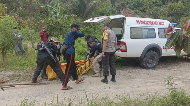 Proses evakuasi jenazah ke mobil Ambulans di Dusun Maros, Desa Kilo, Kecamatan Poso Pesisir Utara, Kabupaten Poso, Sulawesi Tengah, Senin (4/3/2019). Foto: PaluPoso/Darmawan Boiming
