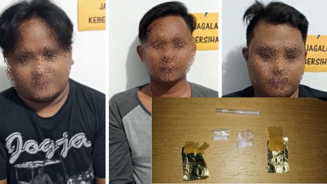 Tiga tersangka pengguna Narkotika jenis Sabu yang ditangkap Polda Sulawesi Utara. Ketiganya tertangkap tangan tengah pesta narkoba di salah satu kelurahan di Kota Manado. (inzet: barang bukti paket narkoba dan alat hisap)