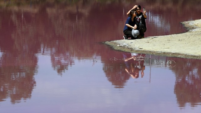 Pengunjung berfoto di danau merah muda di Melbourne, Australia. Foto: AFP/WILLIAM WEST