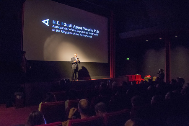Duta Besar RI Untuk Kerajaan Belanda, H.E. I Gusti A. Wesaka Puja memberikan sambutan pada pembukaan Festival Film CinemAsia di Kriterion Amsterdam, Belanda, Jumat, 5 maret 2019
