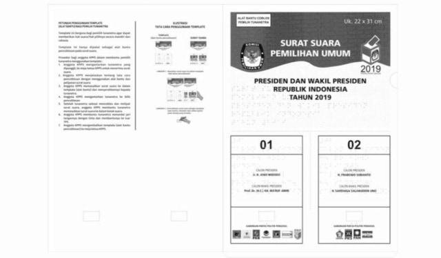 Contoh surat suara pemilihan Presiden dan Wakil Presiden untuk Tunanetra  pada pemilu 2019, Foto: Dok. KPU RI
