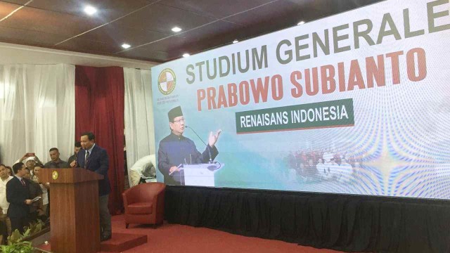 Pidato Kebangsaan Prabowo Subianto di UNKRI. Foto: Ricad Saka/kumparan