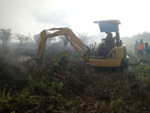 Petugas berupaya melakukan pemadaman di areal lahan gambut yang terbakar. Foto: BPBA