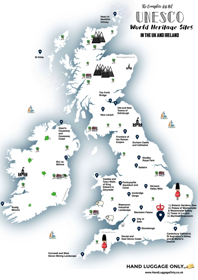 Peta situs-situs di Inggris yang dinobatkan UNESCO sebagai Situs Warisan Dunia (Foto: https://handluggageonly.co.uk/2016/07/25/this-map-shows-you-where-to-see-every-unesco-world-heritage-sites-in-the-uk-and-ireland/)