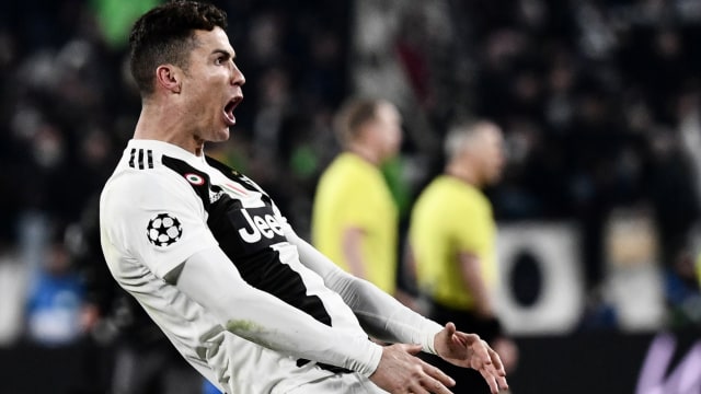 Selebrasi gol Ronaldo ke gawang Atletico Madrid di Leg leg kedua babak 16 besar Liga Champions melawan Atletico Madrid di Allianz Stadium, (13/3). Foto: AFP/Marco BERTORELLO