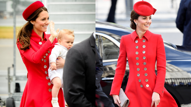 Kate Middleton mengenakan coat Catherine Walker pada 2014 dan 2019. Foto: AFP/MARK TANTRUM & REUTERS/Toby Melville