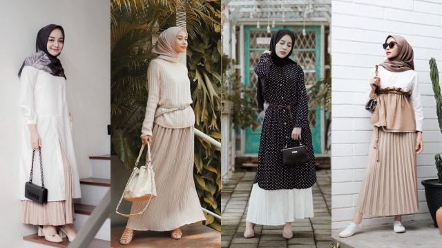 Tampilan busana hijab dengan pleated skirt. Foto: Instagram @antikarifani, @viratandia, @aghniapunjabi, @fitawulansr
