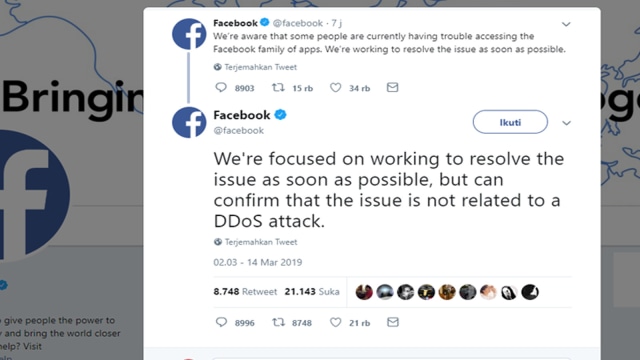 STATUS resmi Facebook di akun official m ereka mengenai media sosial raksasa tersebut down mulai Rabu, 13 Maret 2019, waktu Amerika Srikat. 