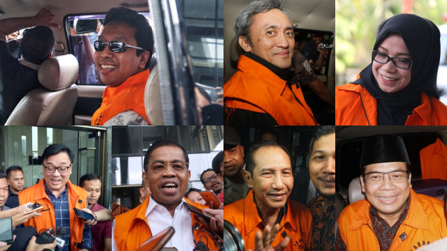 Senyum sejumlah para tersangka koruptor saat digiring KPK. Foto: kumparan