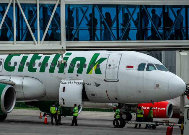 Pesawat Citilink di Bandara Internasional Jenderal Ahmad Yani, Semarang, Jawa Tengah, Kamis (14/2/2019). Foto: ANTARA FOTO/Aji Styawan