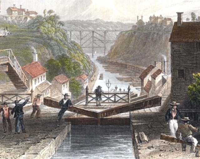 Ilustrasi Pemandangan Terusan Erie di Kota Lockport, N.Y., tahun 1839 (sumber: http://www.eriecanal.org)