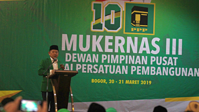 Plt Ketua Umum PPP Suharso Monoarfa memberikan sambutan pada pembukaan Mukernas III Dewan Pimpinan Pusat PPP di Bogor, Jawa Barat. Foto: Antara/Yulius Satria Wijaya