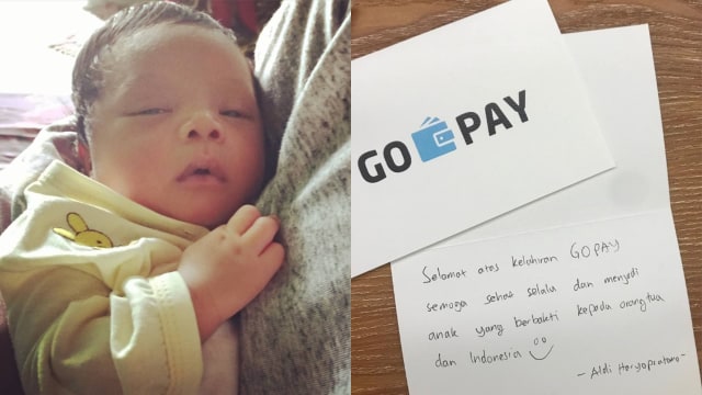 Bayi bernama Gopay yang terinspirasi dari dompet digital Go-Pay diberi hadiah istimewa oleh GOJEK. (foto: Instagram/@anton_q_doel_x dan Instagram/@gojek24jam)