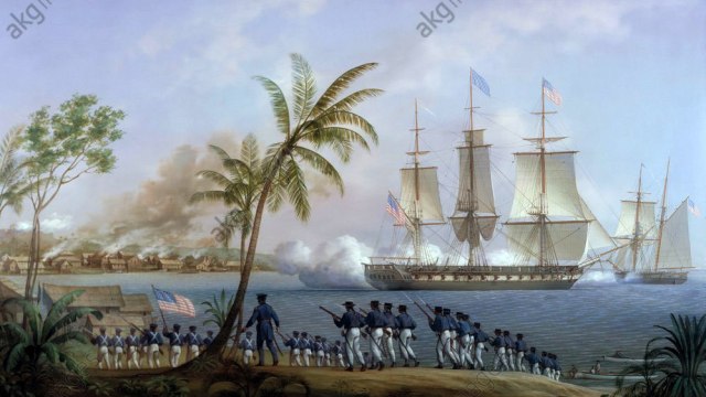 Lukisan penyerangan Kuala Batee, Aceh Barat Daya oleh Marinir Amerika Serikat, Februari 1831. Dok. Lukisan Louis Dodd (Akg Images).