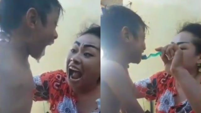 Ibu asal Manado menyikat gigi anaknya sambil live di Facebook. (foto: Instagram/@makassar_iinfo)