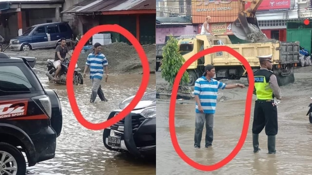 Wakil Bupati Jayapura, Giri Wijayanto, tampil seperti warga biasa saat tinjau langsung lokasi banjir. (foto: Twitter/@jayapuraupdate)