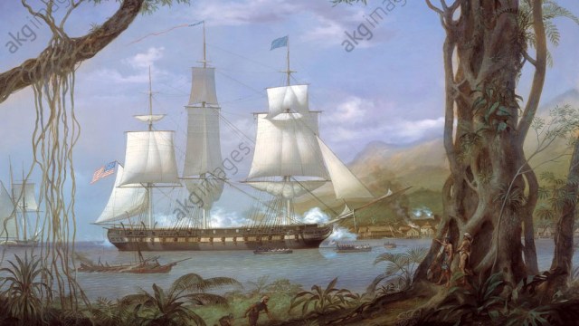 Lukisan Kapal Potomac saat penyerangan ke Kuala Batee, Aceh Barat Daya, Februari 1831. Dok. Lukisan Louis Dodd (Akg Images).