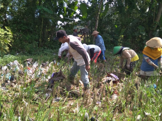 Para warga yang sedang membersihkan sampah di sawah, Senin (25/3/2019). Foto: erl