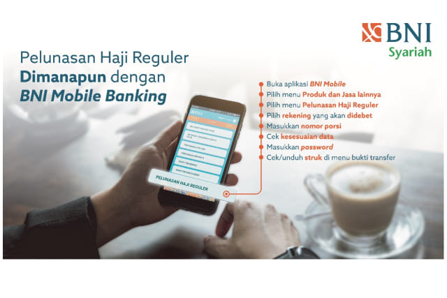 BNI Syariah siap melayani opsi pelunasan Biaya Penyelenggaraan Ibadah Haji (BPIH) non teller melalui mobile banking. 