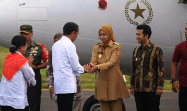 Bupati Faida menjabat tangan Jokowi di bandara Jember.