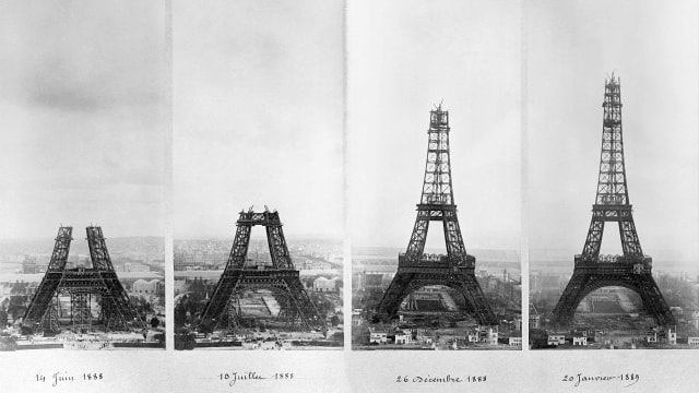 Empat kombinasi foto pembangunan menara Eiffel, (dari kiri) foto diambil pada 14 Juni 1888, Juli 1888, Desember 1888, dan 20 Januari 1889. Foto: STF/AFP