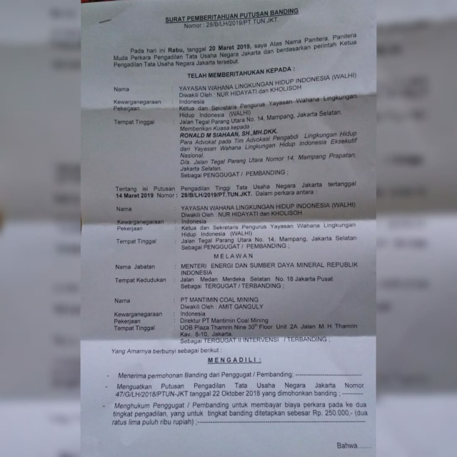 Surat putusan banding Pengadilan Tinggi TUN Jakarta. Foto: Walhi Kalsel