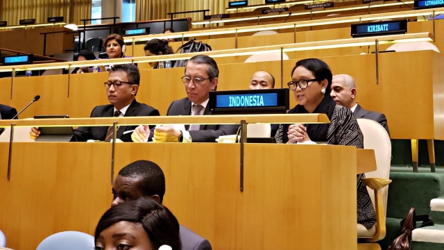 Menteri Luar Negeri, Retno Marsudi berbicara saat di markas PBB, New York, Amerika Serikat. Foto: Dok. Kemlu