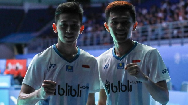 Fajar/Rian kalahkan Marcus/Kevin di perempat final Malaysia Terbuka 2019. Foto: Dok. PBSI