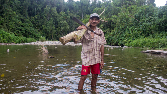 Salah satu Orang Tugutil di Wilayah Wasile, Halmahera Timur, Maluku Utara. Ia baru saja mengambil kayu yang sudah mati di hutan untuk dijadikan perapian di dapur. (Foto: Faris Bobero/cermat)