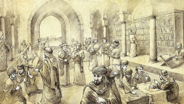Ilustrasi Bayt al-Hikma (House of Wisdom) pada masa Harun Al Rasyid dari Dinasti Abbasiyah. Perpustakaan dan laboratorium tersebut dibangun sebagai simbol kecintaan umat Islam pada ilmu pengetahuan (Foto: Wikimedia Commons)