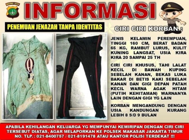 Ciri-ciri mayat wanita tak dikenal yang ditemukan di samping Tol Jagorawi. Foto: Dok. Polres Jakarta Timur