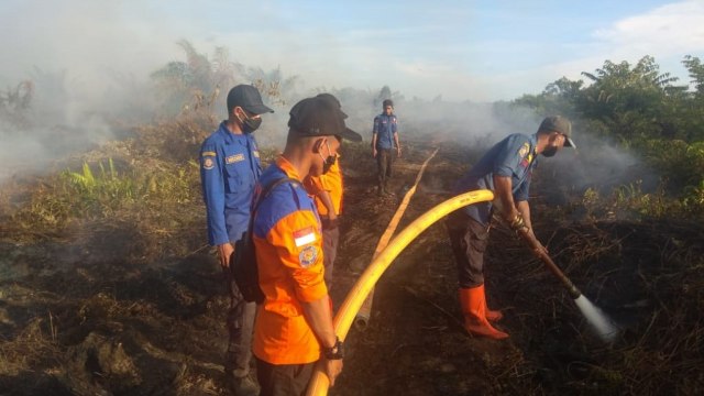 Petugas berusaha untuk memadamkan api di lahan yang terbakar. Foto: Dok. BPBA 