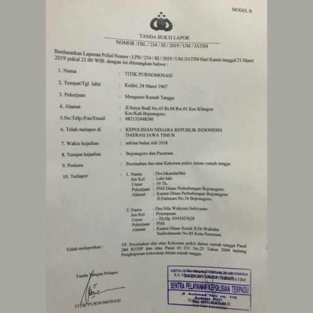 Bukti pelaporan istri Kepala Dinas Perhubungan Bojonegoro terhadap Kepala Dinas Sosial Kota Pasuruan.