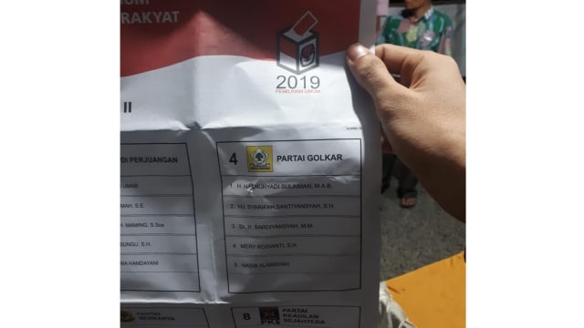 Kertas surat suara yang sudah tercoblos Hasnuryadi Sulaiman, caleg DPR RI dari Partai Golkar di Kelurahan Alalak Utara, Kota Banjarmasin. Foto: istimewa